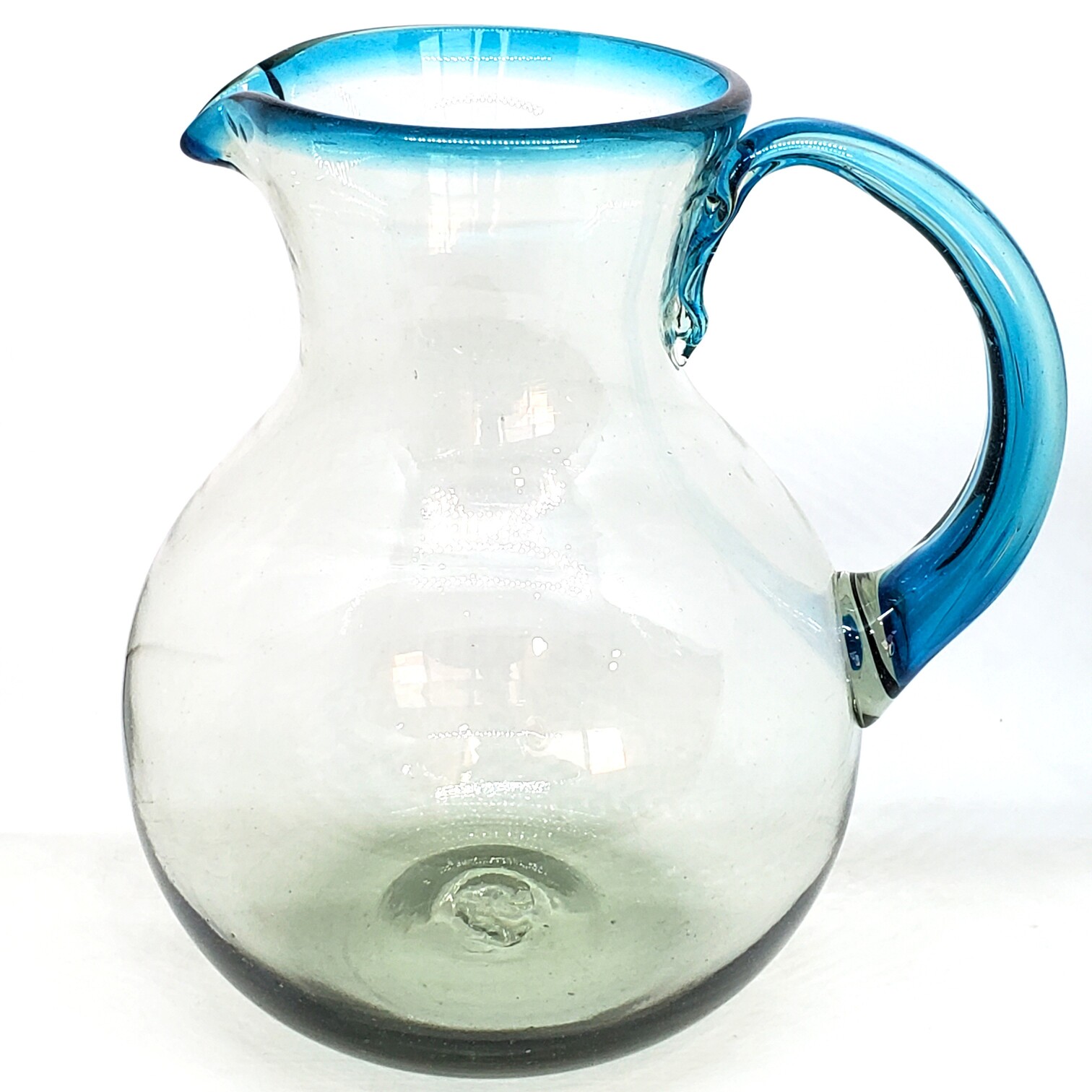 Sale Items / Aqua Blue Rim 120 oz Large Bola Pitcher / This modern pitcher is decorated with an aqua blue rim.